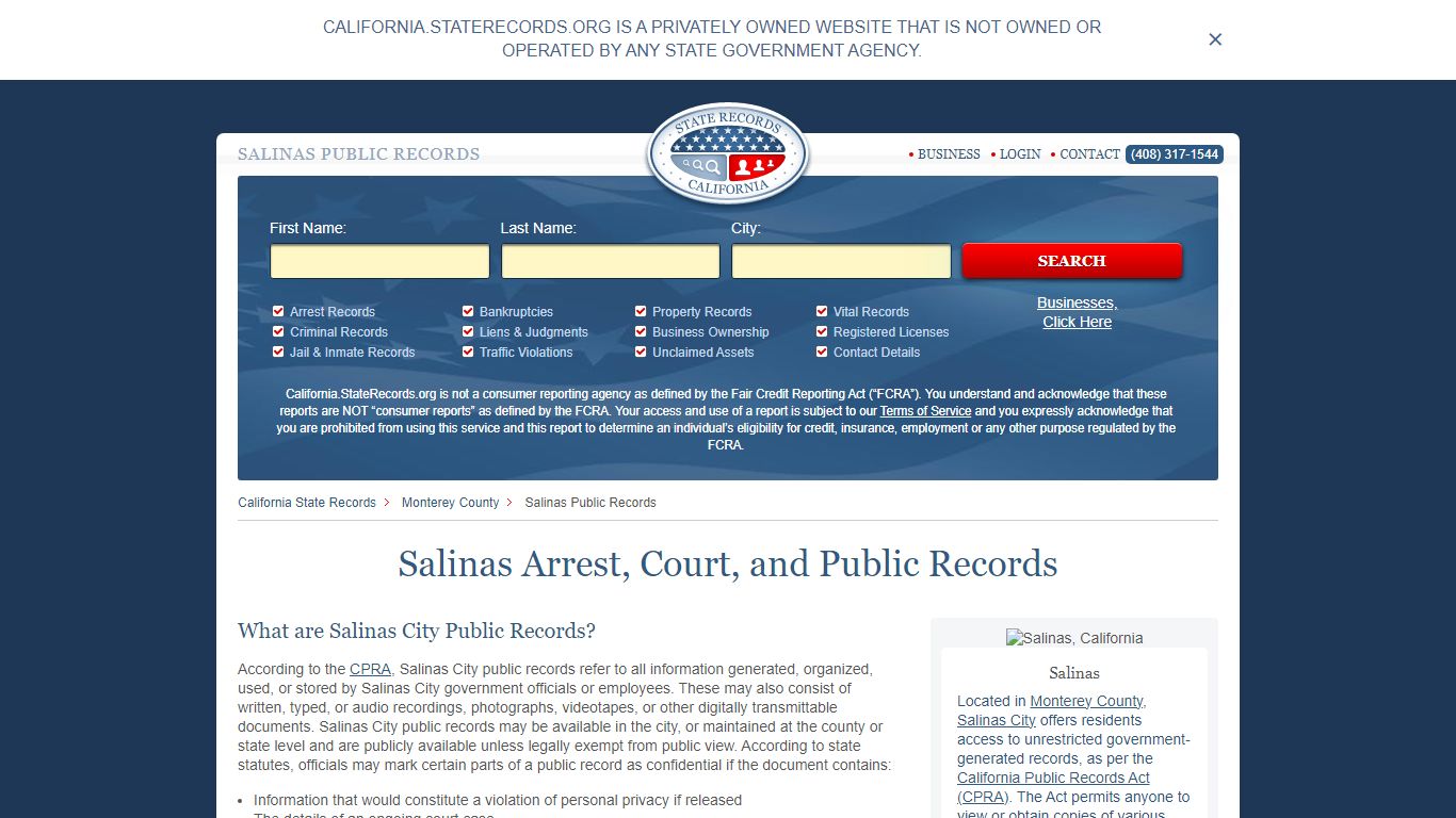 Salinas Arrest and Public Records | California.StateRecords.org